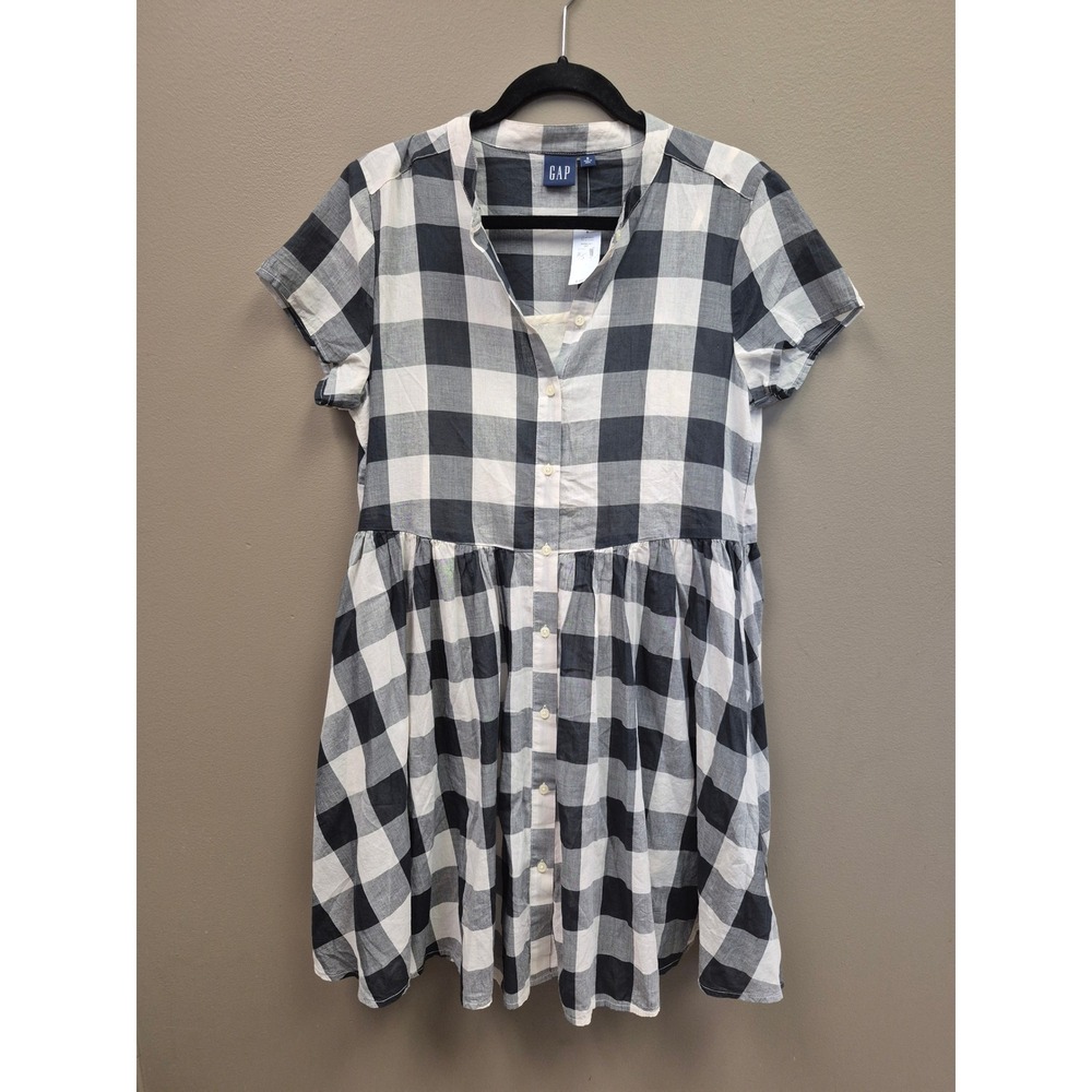 GAP Womens Small Buffalo Check Babydoll Dress Black White Cotton Summer